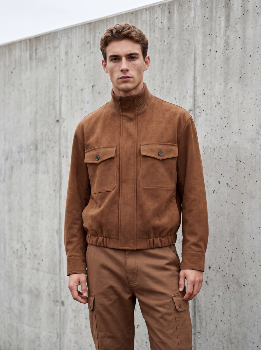 Men wearing brown suede bomber jacket