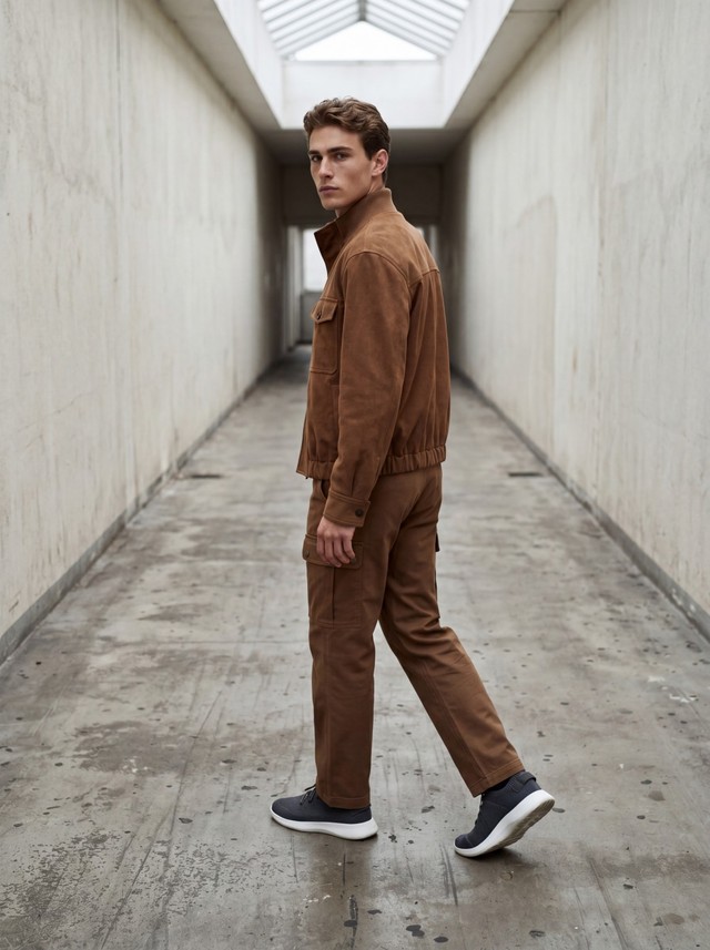 Faux Suede Bomber Jacket, Cargo Pants Fashion Set, Men's 2 Piece Casual Outfit
