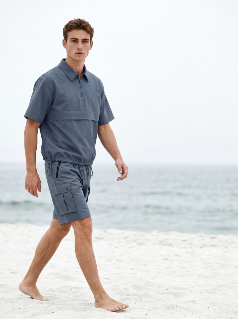 Men's 2 Piece Summer Short Set, Half Zip Polo Top, Multi Pocket Cargo Shorts Casual Beach Tracksuit Set