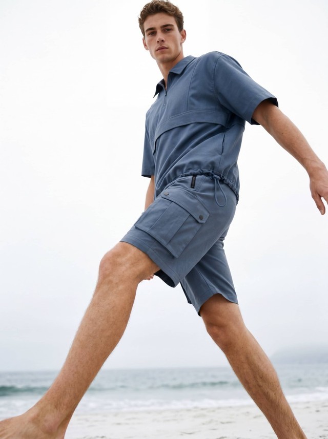 Men's 2 Piece Summer Short Set, Half Zip Polo Top, Multi Pocket Cargo Shorts Casual Beach Tracksuit Set