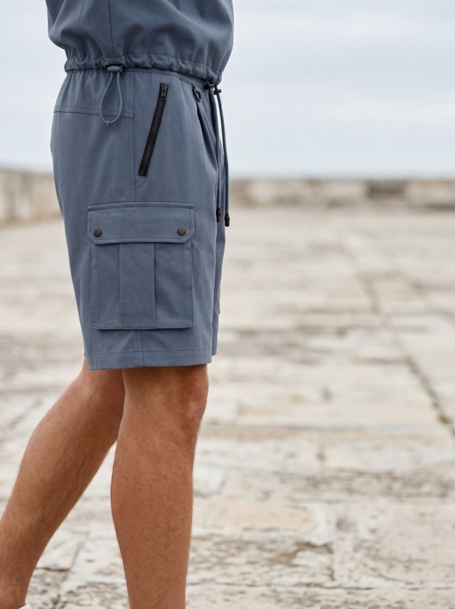 Men's 2 Piece Summer Short Set, Half Zip Polo Top, Multi Pocket Cargo Shorts Casual Beach Tracksuit Set