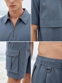 Men's 2 Piece Summer Short Set, Half Zip Polo Top, Multi Pocket Cargo Shorts Casual Beach Tracksuit Set