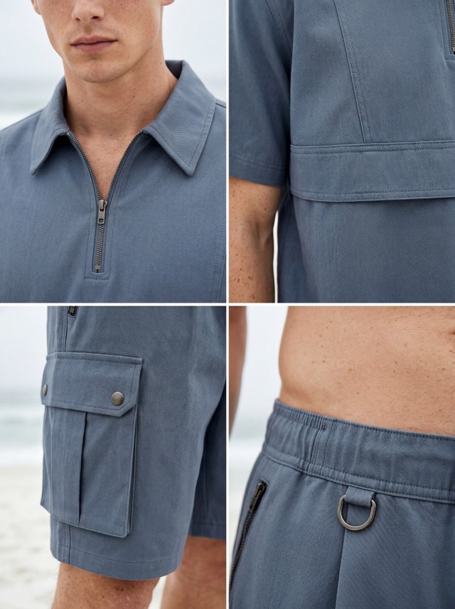 Men's 2 Piece Summer Short Set, Half Zip Polo Top, Multi Pocket Cargo Shorts Casual Beach Tracksuit Set