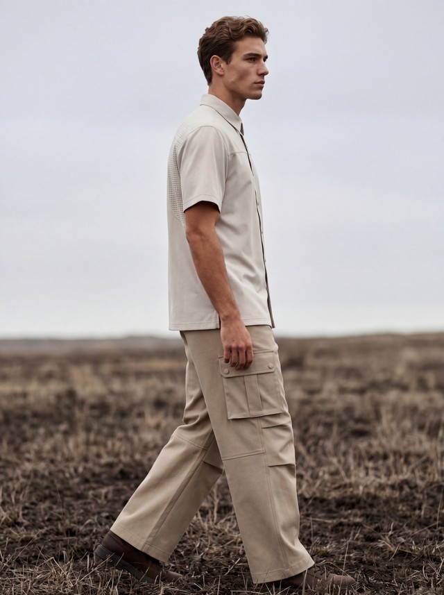 Perforated Short Sleeve Shirt, Drawstring Cargo Pants Matching Set, Men's 2 Piece Summer Outfit