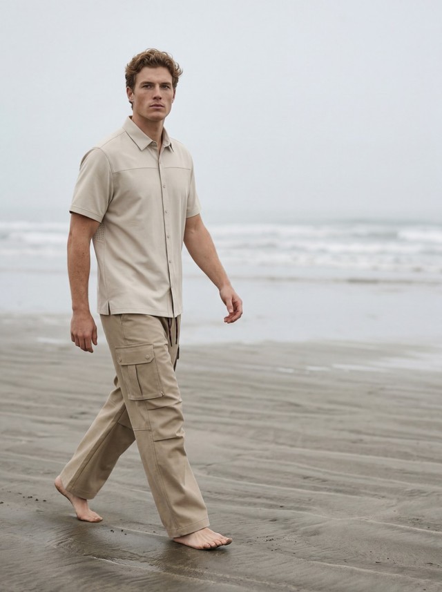 Perforated Short Sleeve Shirt, Drawstring Cargo Pants Matching Set, Men's 2 Piece Summer Outfit