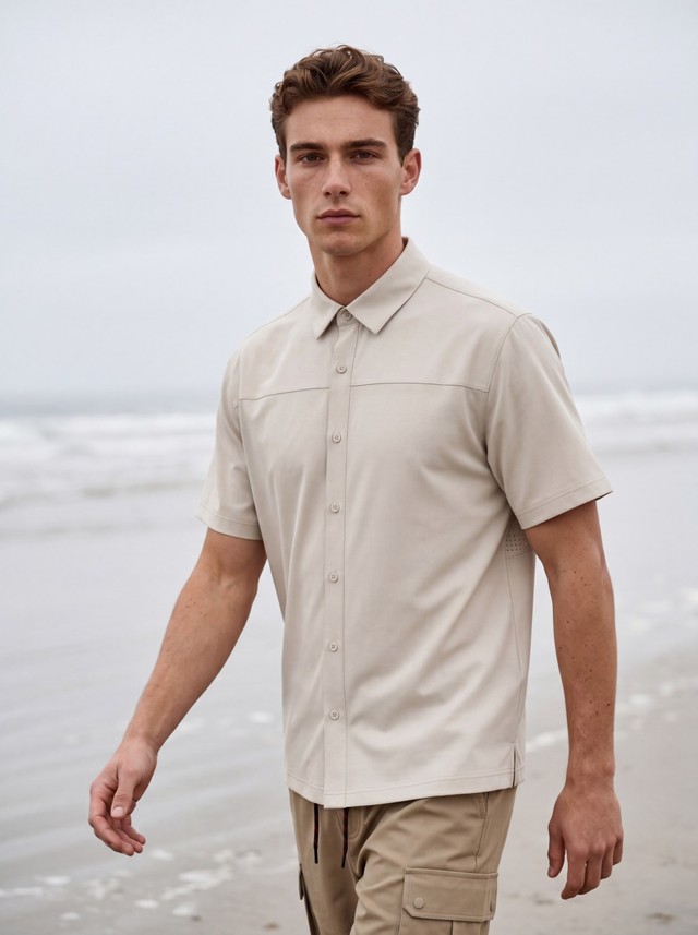 Perforated Short Sleeve Shirt, Drawstring Cargo Pants Matching Set, Men's 2 Piece Summer Outfit