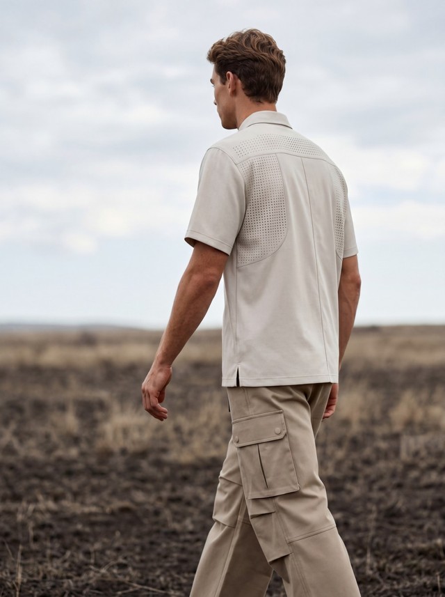 Perforated Short Sleeve Shirt, Drawstring Cargo Pants Matching Set, Men's 2 Piece Summer Outfit