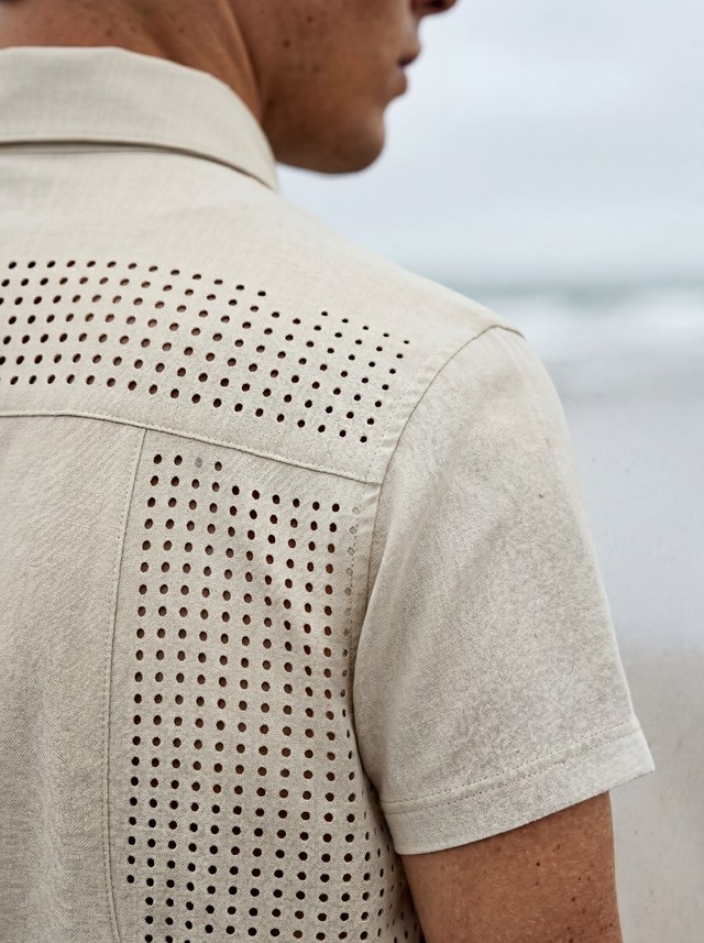 Perforated Short Sleeve Shirt, Drawstring Cargo Pants Matching Set, Men's 2 Piece Summer Outfit