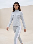 Women's 2 Piece Tracksuit Set, Ribbed Stand Collar Zip Jacket, Color Block Leggings Athletic Outfit