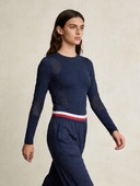 Striped Waistband Lounge Pants Athletic Outfit, Women's 2 Piece Workout Set, Mesh Panel Long Sleeve Top