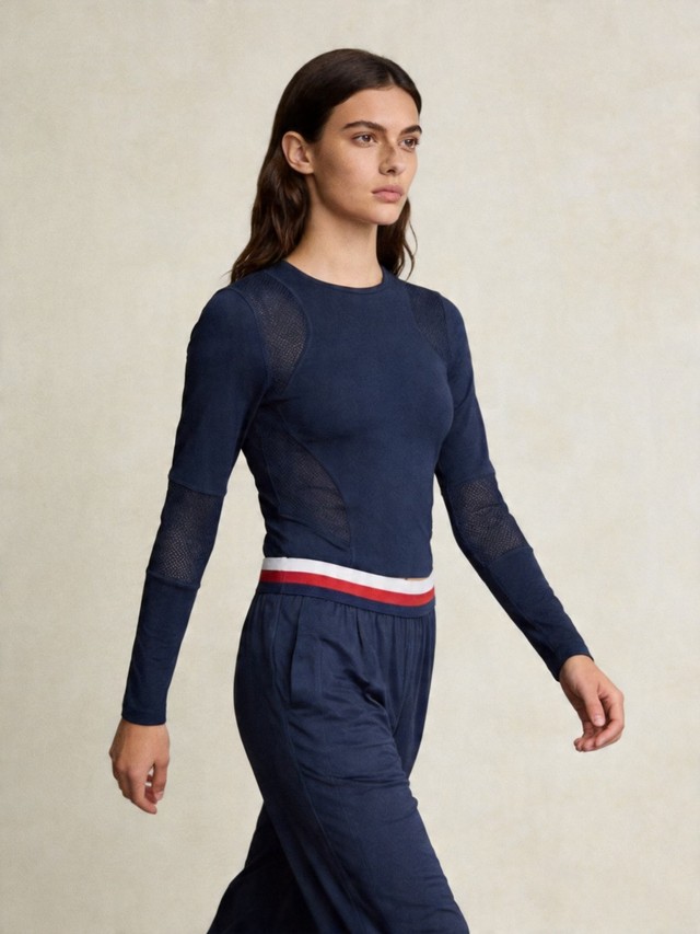 Striped Waistband Lounge Pants Athletic Outfit, Women's 2 Piece Workout Set, Mesh Panel Long Sleeve Top