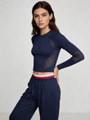 Striped Waistband Lounge Pants Athletic Outfit, Women's 2 Piece Workout Set, Mesh Panel Long Sleeve Top