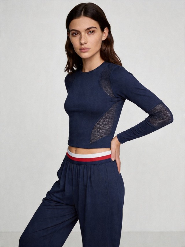 Striped Waistband Lounge Pants Athletic Outfit, Women's 2 Piece Workout Set, Mesh Panel Long Sleeve Top