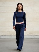 Striped Waistband Lounge Pants Athletic Outfit, Women's 2 Piece Workout Set, Mesh Panel Long Sleeve Top