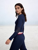 Striped Waistband Lounge Pants Athletic Outfit, Women's 2 Piece Workout Set, Mesh Panel Long Sleeve Top