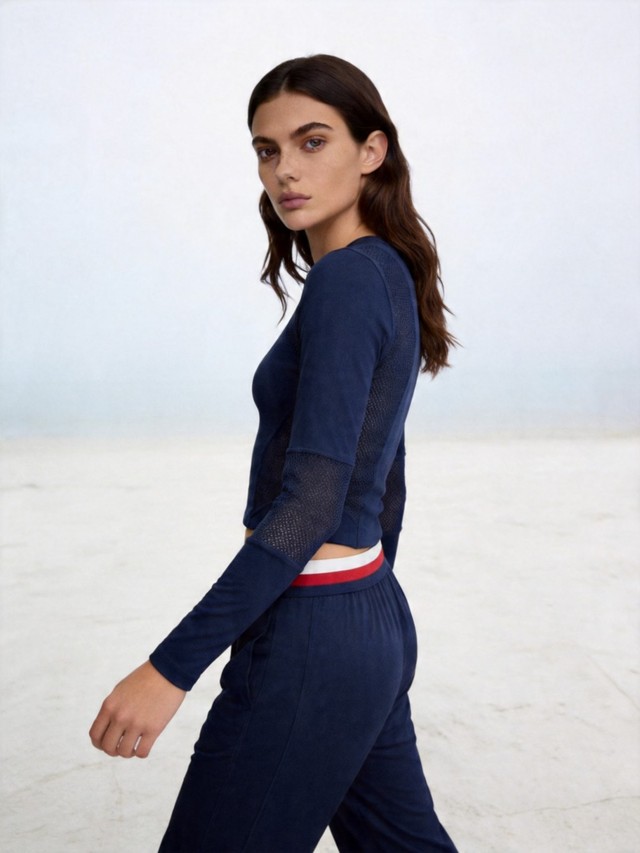 Striped Waistband Lounge Pants Athletic Outfit, Women's 2 Piece Workout Set, Mesh Panel Long Sleeve Top