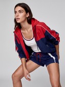 Color Block Windbreaker, Striped Trim Tank & Drawstring Shorts Athletic Outfit, Women's 3 Piece Tracksuit Set
