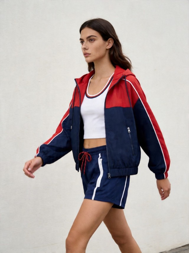 Color Block Windbreaker, Striped Trim Tank & Drawstring Shorts Athletic Outfit, Women's 3 Piece Tracksuit Set