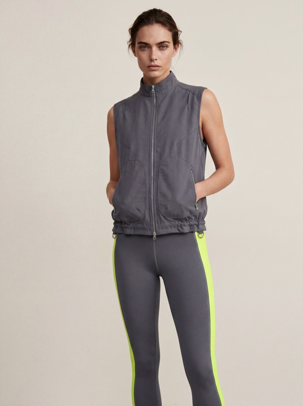 full-zip sleeveless wind vest showing stand collar