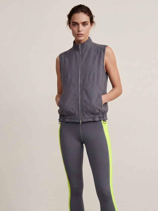Women's 2 Piece Running Workout Set, Perforated Back Zip Up Sleeveless Vest, Neon Side Stripe High Waisted Leggings Athletic Outfit