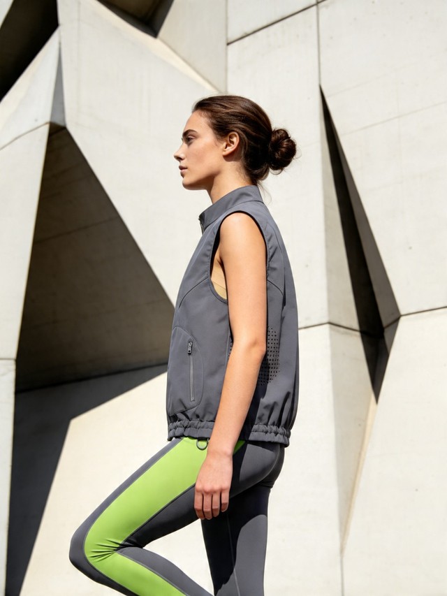 Women's 2 Piece Running Workout Set, Perforated Back Zip Up Sleeveless Vest, Neon Side Stripe High Waisted Leggings Athletic Outfit