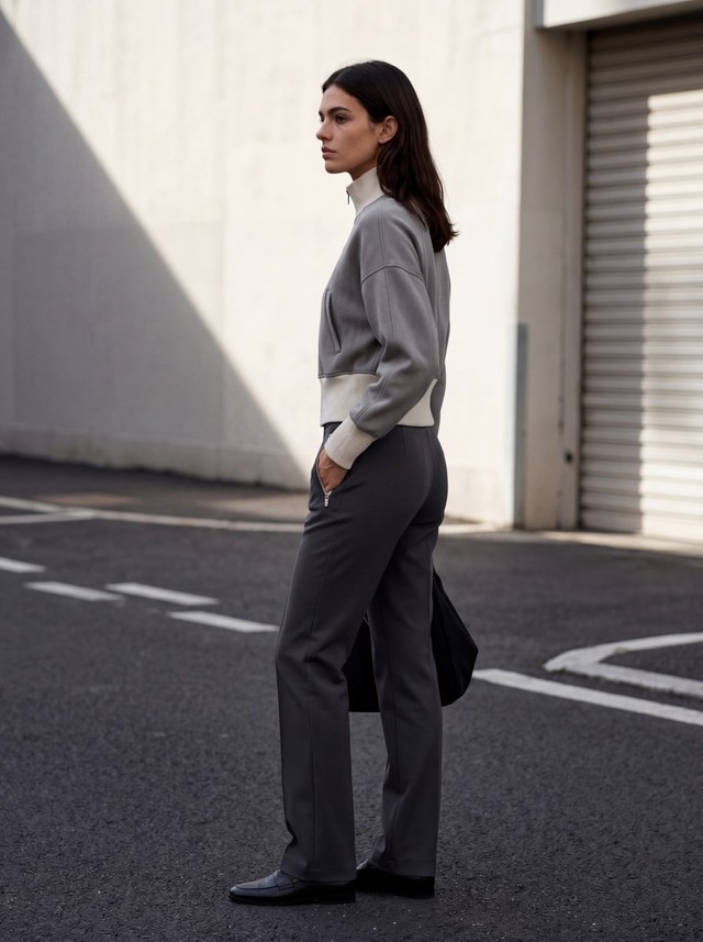 Straight Leg Pants Loungewear Outfit, Women's 2 Piece Tracksuit Set, Color Block Cropped Zip Jacket