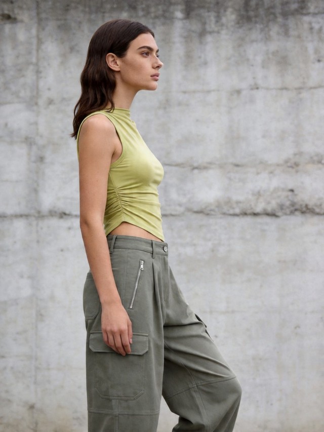 Ruched Mock Neck Tank Top, Barrel Leg Cargo Pants Urban Outfit, Women's 2 Piece Casual Set