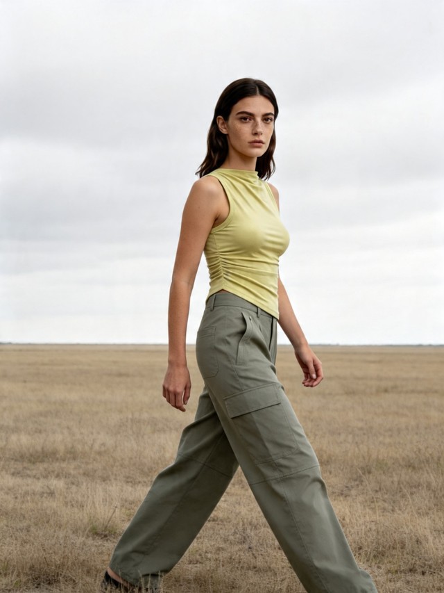 Ruched Mock Neck Tank Top, Barrel Leg Cargo Pants Urban Outfit, Women's 2 Piece Casual Set