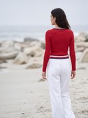 Ribbed Knit Top & Striped Waistband Wide Leg Pants Retro Outfit, Women's 2 Piece Loungewear Set