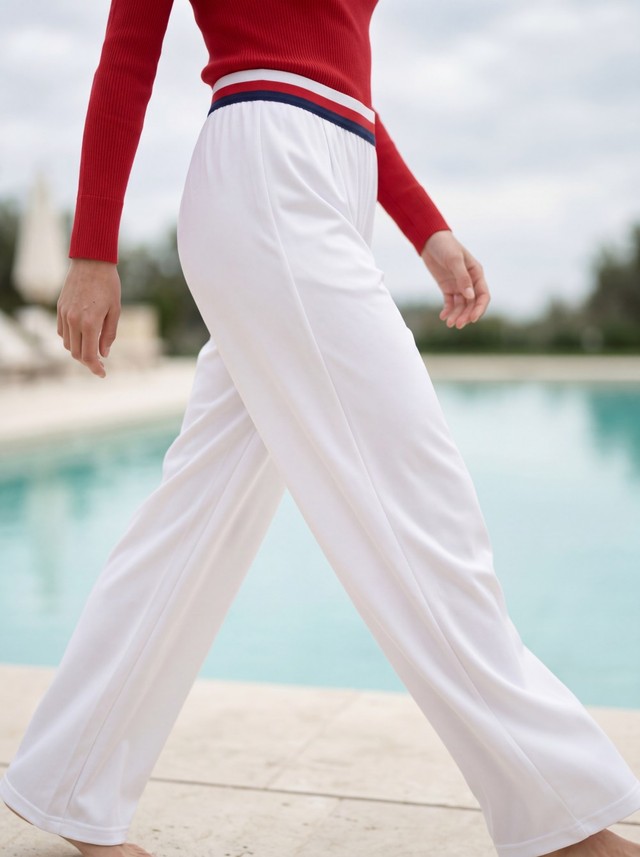 Ribbed Knit Top & Striped Waistband Wide Leg Pants Retro Outfit, Women's 2 Piece Loungewear Set