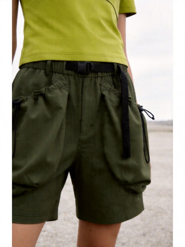 Cutout Shoulder T-Shirt & Drawstring Cargo Shorts Casual Set, Women's 2 Piece Summer Outfit