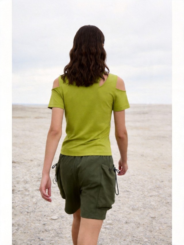 Cutout Shoulder T-Shirt & Drawstring Cargo Shorts Casual Set, Women's 2 Piece Summer Outfit