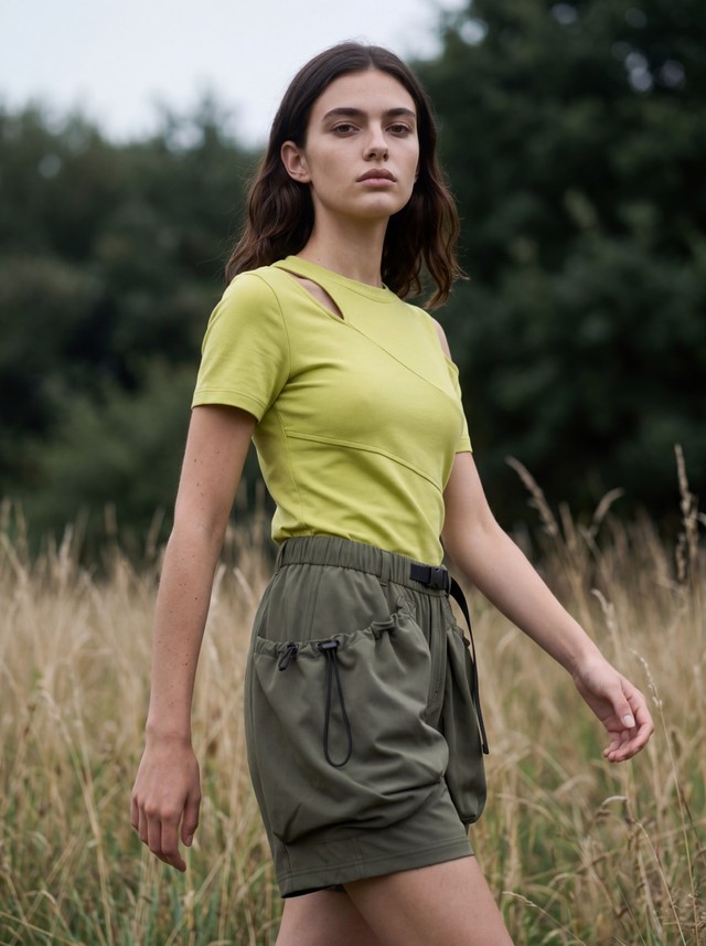 Cutout Shoulder T-Shirt & Drawstring Cargo Shorts Casual Set, Women's 2 Piece Summer Outfit