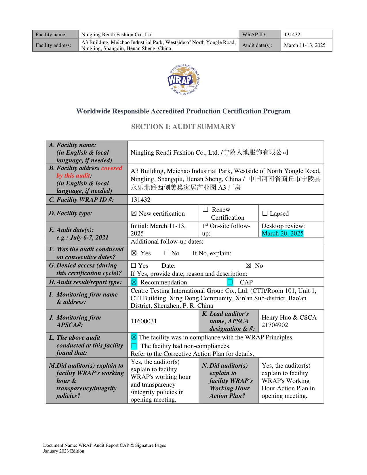 BSCI Certificate
